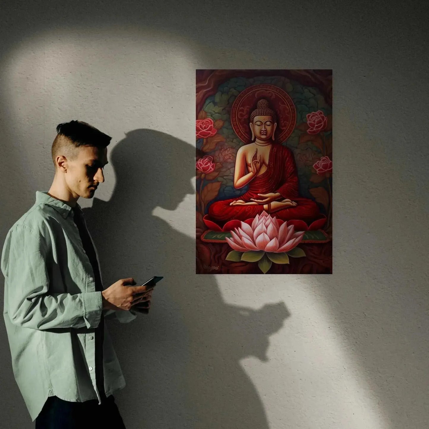 A person with short hair holds a phone while walking past a wall decorated with the striking "sitting buddha print" from Printify, available at ZenArtBliss.com. The vibrant abstract art features the Buddha in meditation among lotus flowers, beautifully casting the person's shadow alongside it.