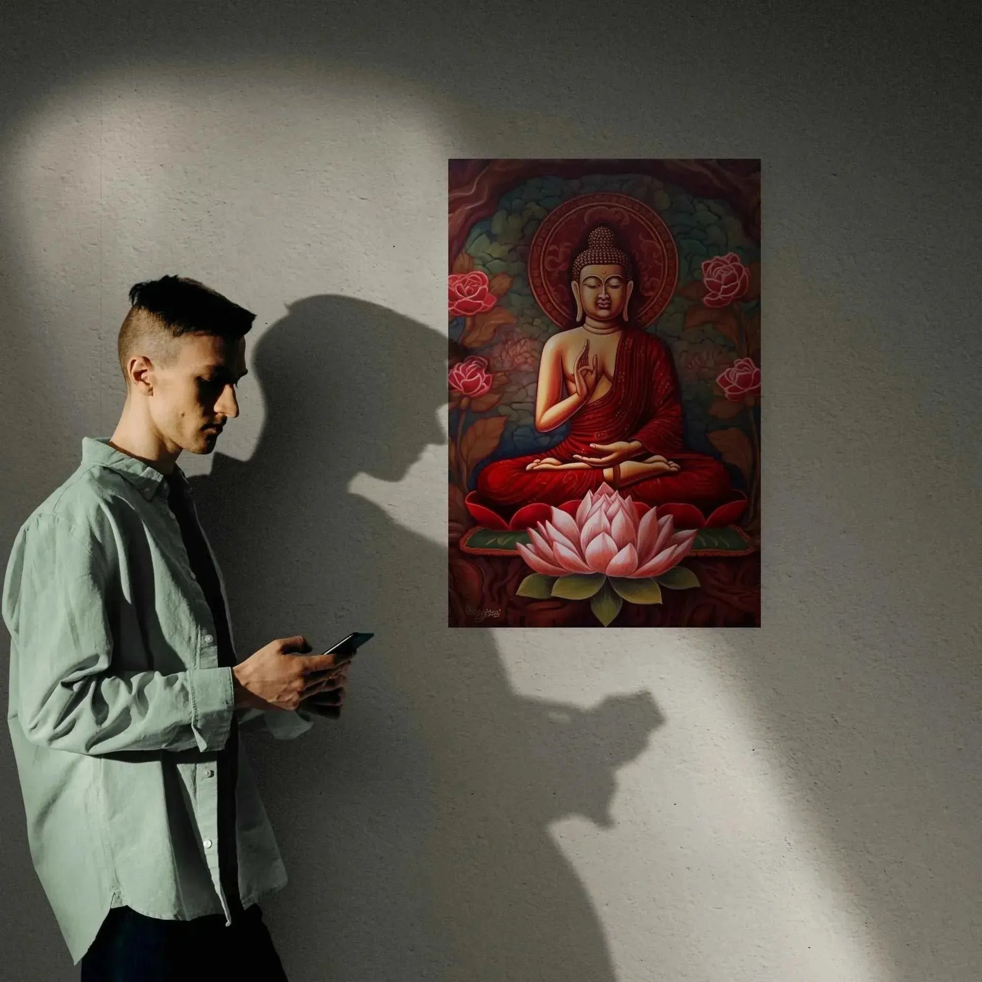 A person with short hair holds a phone while walking past a wall decorated with the striking "sitting buddha print" from Printify, available at ZenArtBliss.com. The vibrant abstract art features the Buddha in meditation among lotus flowers, beautifully casting the person's shadow alongside it.