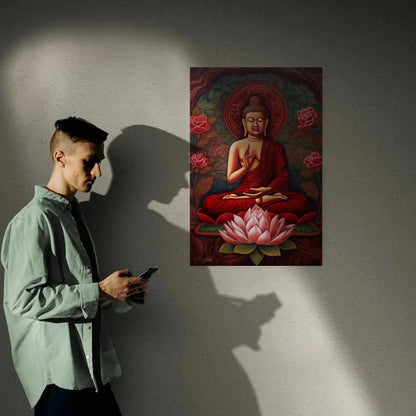 A person with short hair holds a phone while walking past a wall decorated with the striking "sitting buddha print" from Printify, available at ZenArtBliss.com. The vibrant abstract art features the Buddha in meditation among lotus flowers, beautifully casting the person's shadow alongside it.