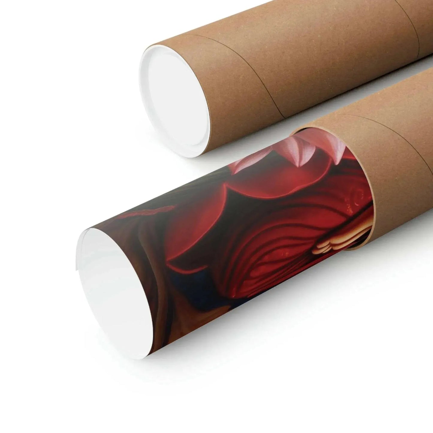On a white background, two brown cardboard tubes are displayed; one is partially open, showcasing a rolled-up "Sitting Buddha Print: A Striking Abstract from ZenArtBliss.com" by Printify with its vibrant red and brown abstract design peeking out.