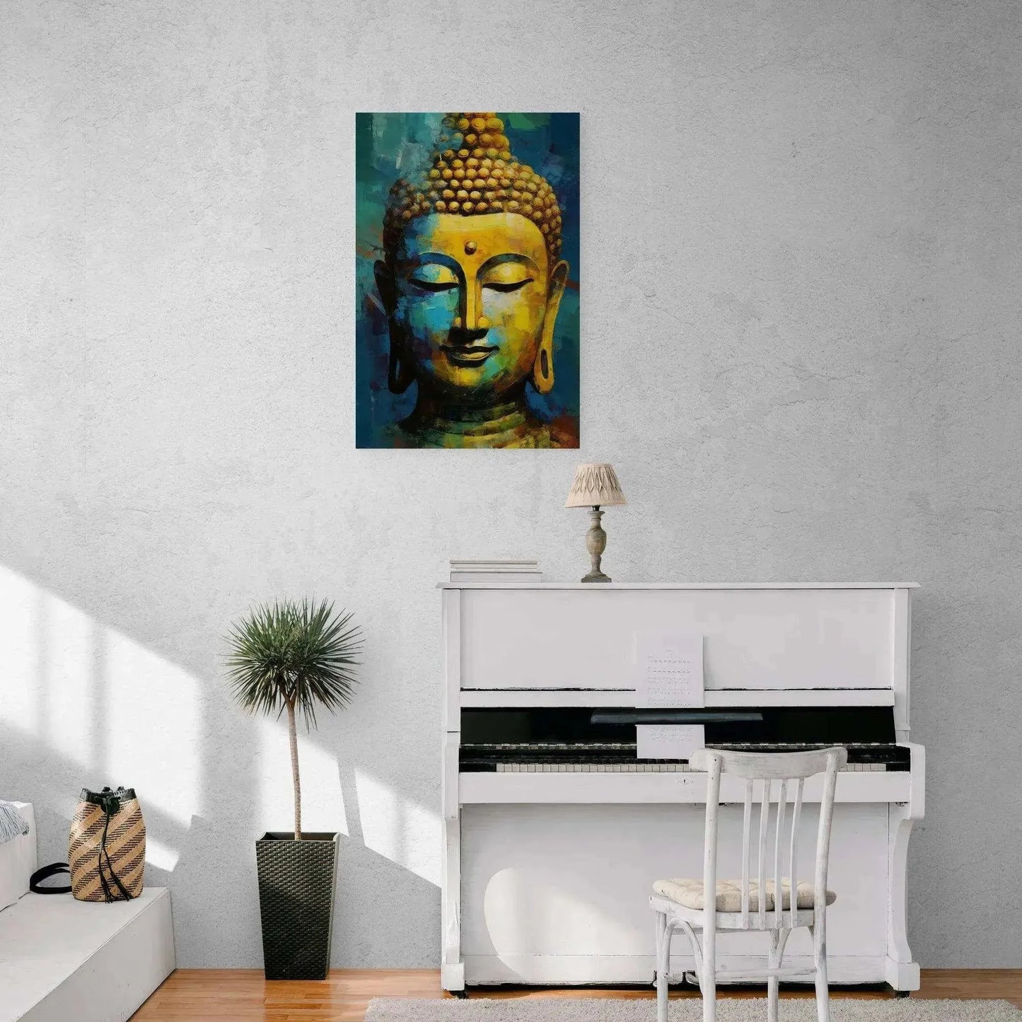 Minimalistic living room with an elegant white piano against a textured wall, complemented by a colorful Buddha painting above, a potted palm to the side, and sunlight casting gentle shadows, creating a cultured and serene environment.