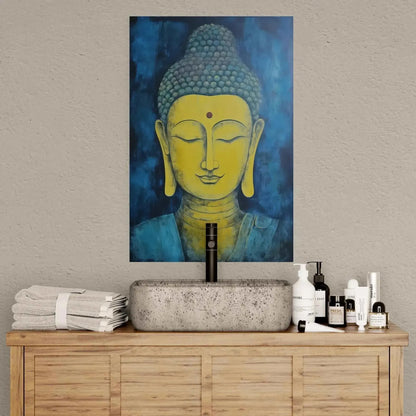 This minimalist bathroom features a wooden vanity, stone sink, and black faucet. The serene atmosphere is enhanced by the Tranquil Buddha Meditation Art Poster - Kentucky's Zen Elegance by Printify, which graces the wall with a peaceful expression. Toiletries and neatly folded towels are arranged on the countertop in a Zen-like manner.