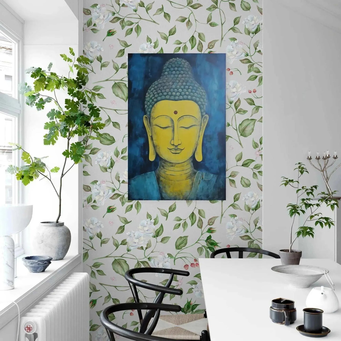 A dining room featuring a white table and black chairs emanates a sense of tranquility. The wall displays floral wallpaper alongside the colorful "Tranquil Buddha Meditation Art Poster - Kentucky's Zen Elegance" by Printify. Potted plants and decorative items are artfully positioned, complemented by natural light streaming through a large window, all contributing to a Zen ambiance.