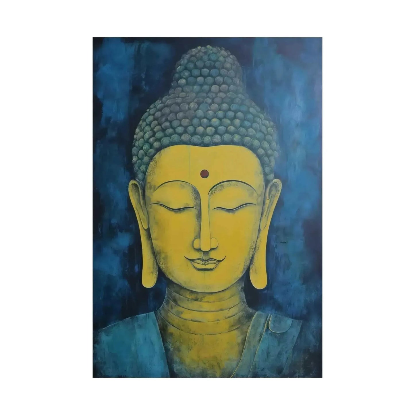 The Tranquil Buddha Meditation Art Poster by Printify, titled Kentucky's Zen Elegance, encapsulates serenity with Buddha's peaceful expression, yellow face, and closed eyes. The deep blue background highlights the pronounced ushnisha and elongated earlobes, embodying Zen in every brushstroke.