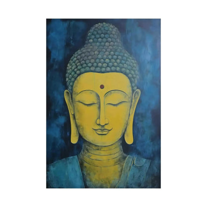 The Tranquil Buddha Meditation Art Poster by Printify, titled Kentucky's Zen Elegance, encapsulates serenity with Buddha's peaceful expression, yellow face, and closed eyes. The deep blue background highlights the pronounced ushnisha and elongated earlobes, embodying Zen in every brushstroke.