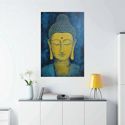 A "Tranquil Buddha Meditation Art Poster - Kentucky's Zen Elegance" by Printify graces the white wall, exuding tranquility. Below it, a white cabinet holds a small flower vase and a stack of books. A yellow lamp is peacefully placed on the right end of the cabinet, enhancing the zen atmosphere.