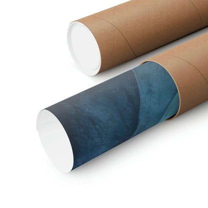On a white surface, two brown cardboard tubes rest, one with a blue poster partially visible. The open-ended tubes reveal their rolled-up contents: the "Tranquil Buddha Meditation Art Poster - Kentucky's Zen Elegance" by Printify, ready to bring a touch of Zen to any space.